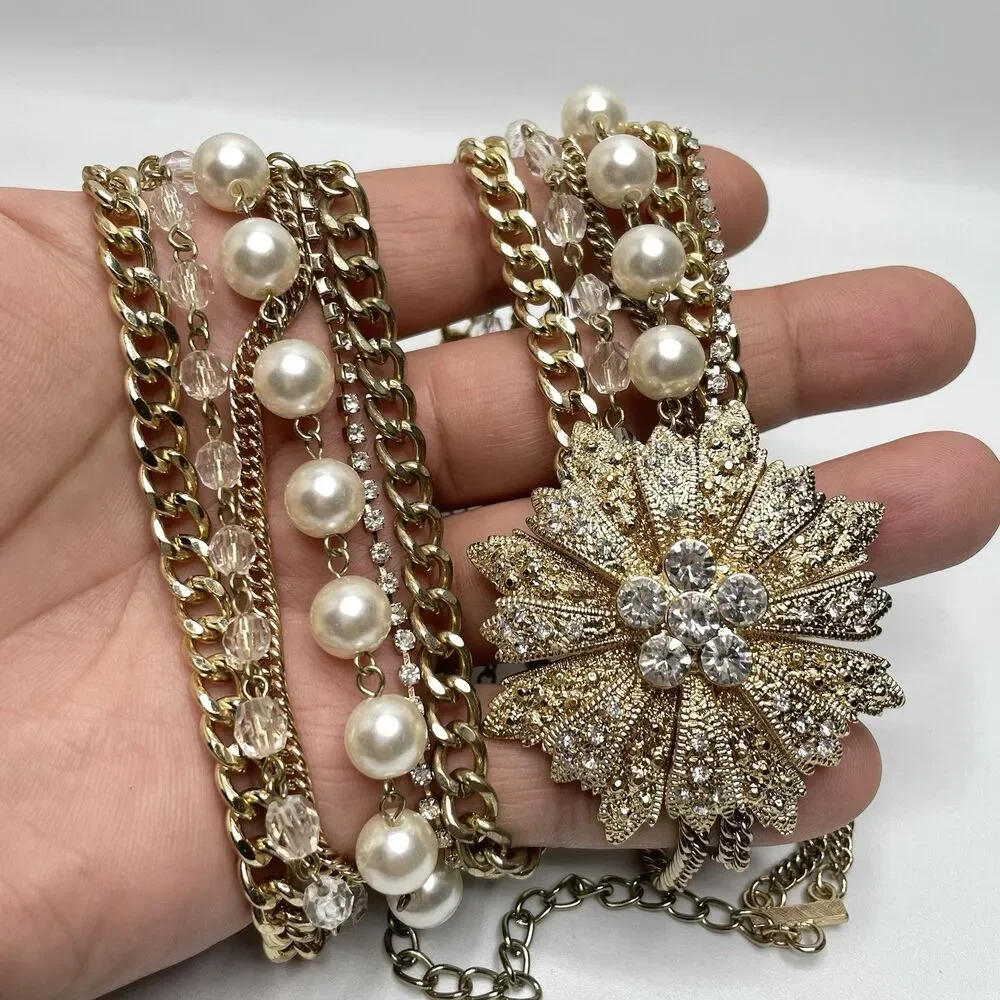 Amazing Gold Tone Fax Pearl Glass Rhinestone Flower Layered Chain Necklace